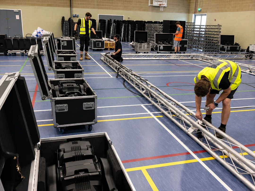AV Crew Rigging Equipment in Sports Venue.